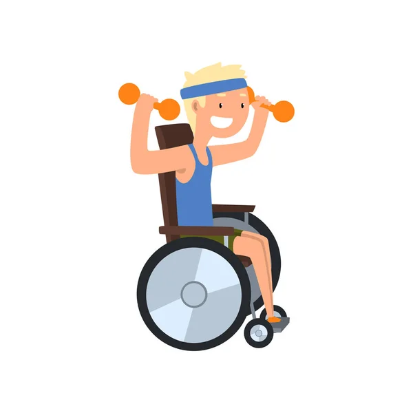 Hombre discapacitado en silla de ruedas haciendo ejercicio con pesas, rehabilitación médica, vector de gimnasia remedial Ilustración sobre fondo blanco — Archivo Imágenes Vectoriales