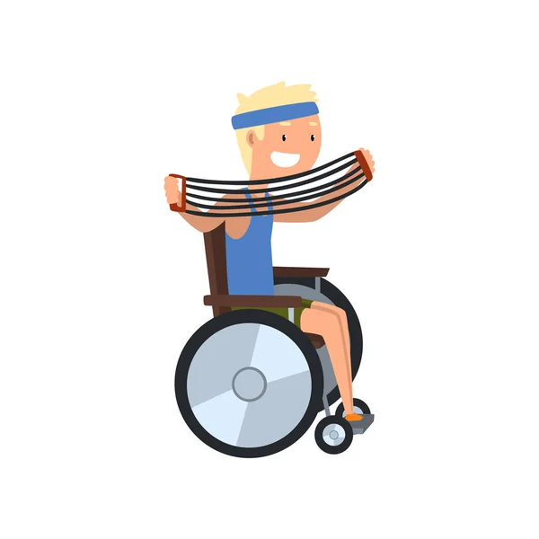 Hombre discapacitado en silla de ruedas haciendo ejercicio con expansor de hombros, rehabilitación médica, vector de gimnasia remedial Ilustración sobre fondo blanco — Archivo Imágenes Vectoriales