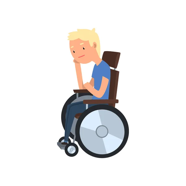 Joven hombre discapacitado sentado en silla de ruedas vector Ilustración sobre un fondo blanco — Archivo Imágenes Vectoriales