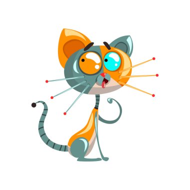 Şirin komik robot kedi yapay zeka kavramı vektör çizimler beyaz zemin katta oturan