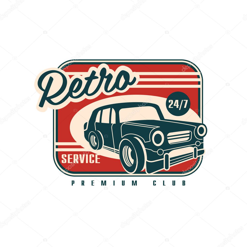 Retro service, premium club 24 7, vintage automotive repair label vector Illustration on a white background