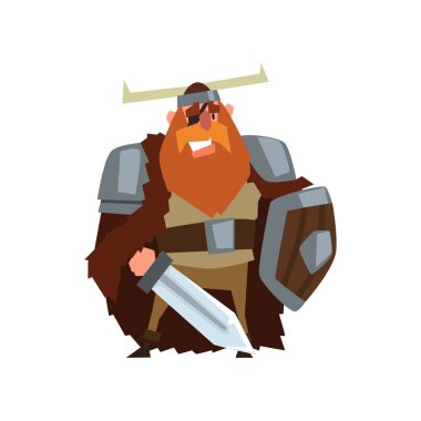 Kılıç ve kalkan kask boynuzlarıyla içinde güçlü bir viking savaşçı karakter üzerinde beyaz bir arka plan illüstrasyon vektör