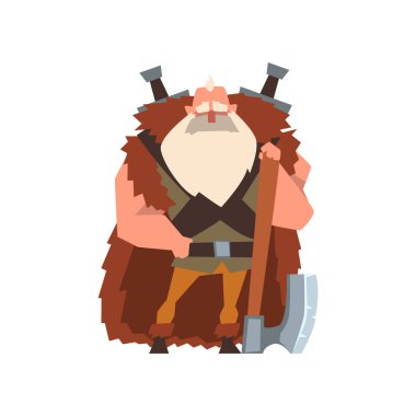 Kas viking savaşçı karakter büyük balta vektör çizim üzerinde beyaz bir arka plan ile hayvan cilt pelerinli