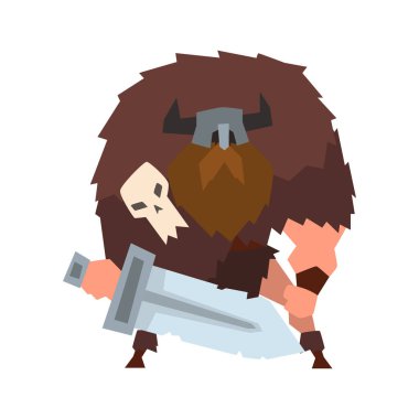 Viking savaşçı karakter kask boynuzları olan kılıç ile beyaz bir arka plan üzerinde illüstrasyon vektör