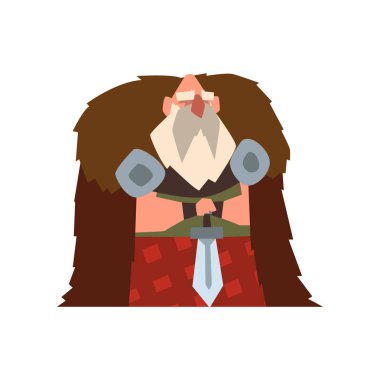 Viking savaşçı karakter kılıç vektör çizim beyaz bir arka planda tutan hayvan cilt pelerinli