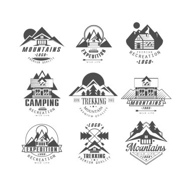 Dağ, sefer logo koymak, kamp, beyaz bir arka plan üzerinde tek renkli stil vektör çizimler retro rozetleri trekking