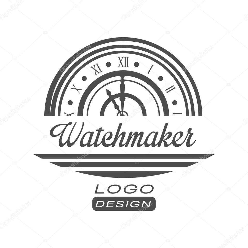 Watchmaker logo design, monochrome vintage clock repair service emblem vector Illustration isolated on a white background.