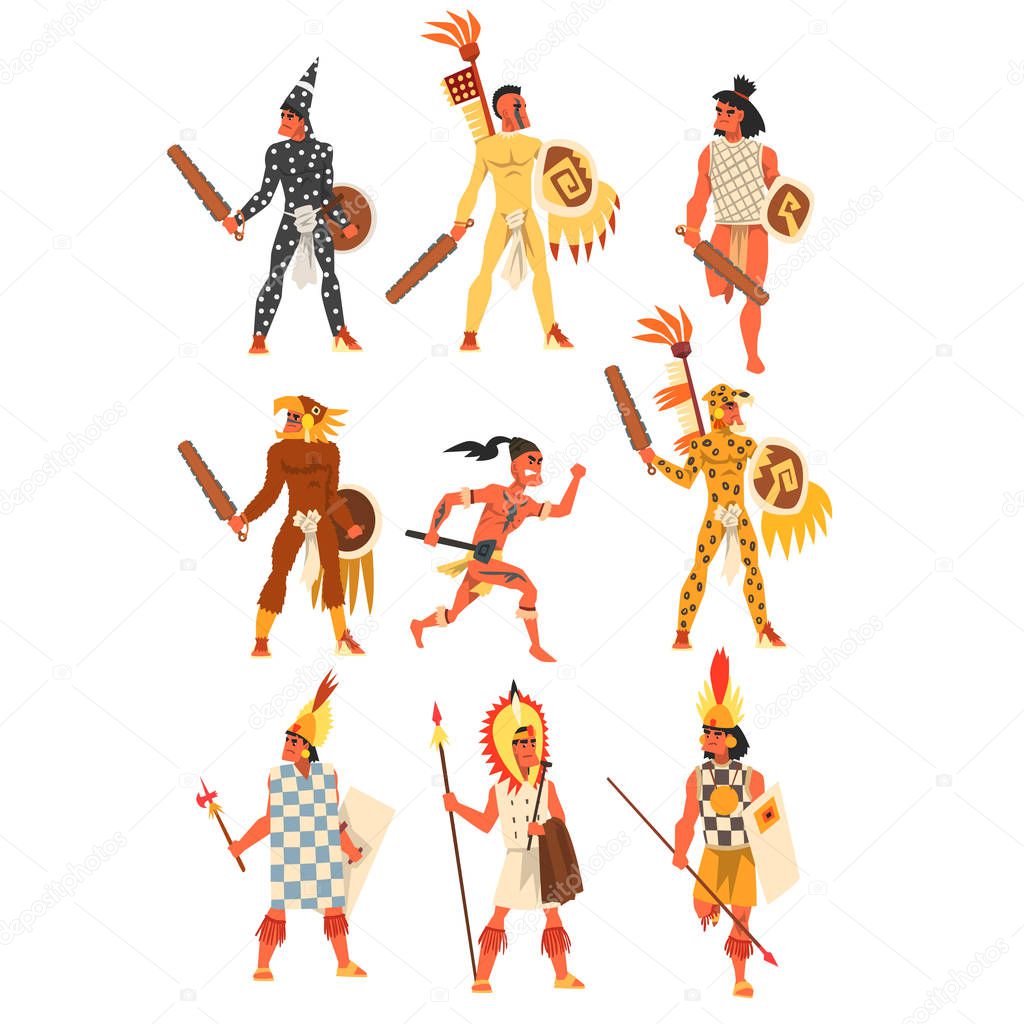 Armed tribal male warriors set, tribe members in traditional clothing vector Illustrations on a white background