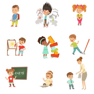 Çocuk hataları ve hata ayarla, küçük çocuklar beyaz bir arka plan üzerinde onların hataları vektör çizimler yaşıyor hayal kırıklığına uğramış