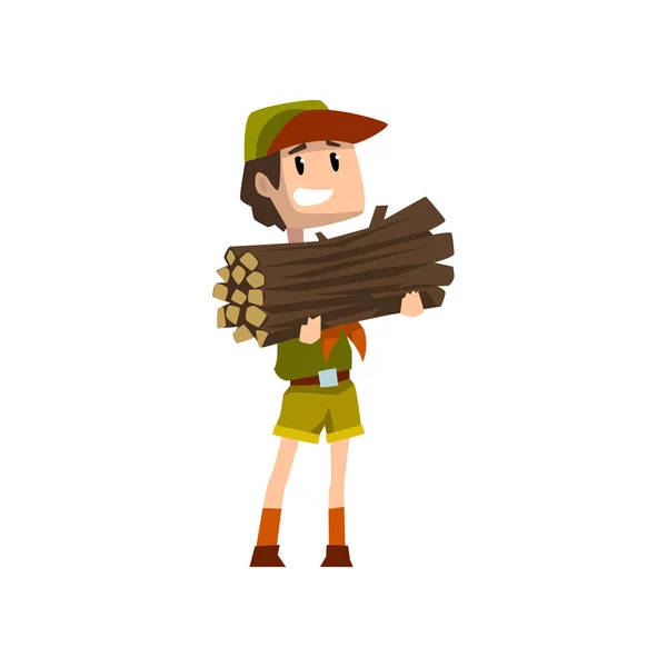 Junge mit einem Bündel Brennholz, Pfadfinderfigur in Uniform, Outdoor-Abenteuer und Überlebensaktivitäten im Camping-Vektor auf weißem Hintergrund — Stockvektor