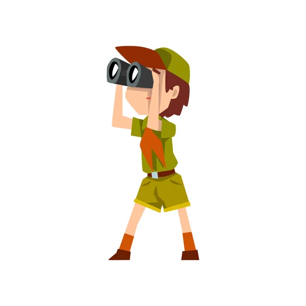 Boy scout personaje en uniforme con prismáticos, aventuras al aire libre y la actividad de supervivencia en el vector de camping Ilustración sobre un fondo blanco — Vector de stock