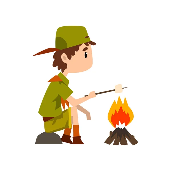 Boy scout character in uniform frying marshmallow on bonfire, outdoor adventures and survival activity in camping vector Illustration on a white background — Stock Vector