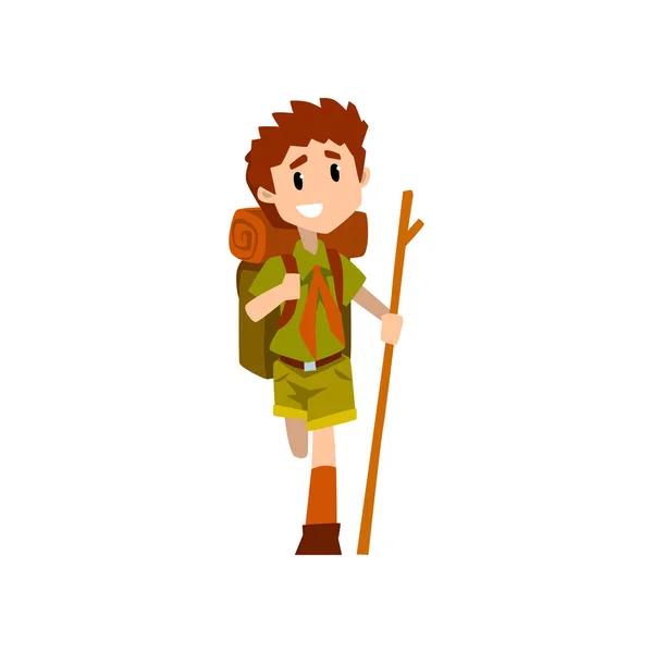 Injured boy scout character in uniform with broken leg and wooden stick, outdoor adventures and survival activity in camping vector Illustration on a white background — Stock Vector