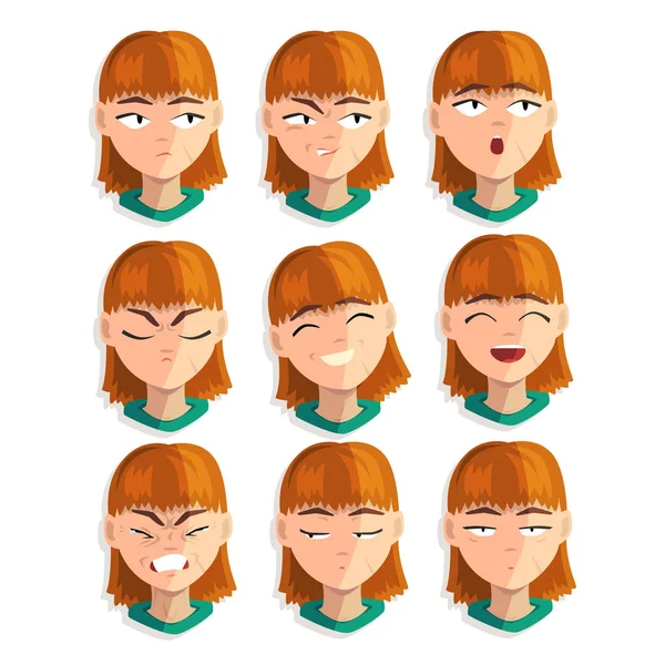 红头发女孩与情感面孔设置, 女性头像与面部表情矢量例证在白色背景 — 图库矢量图片