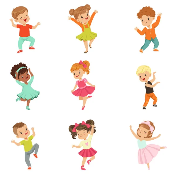Simpatico set da ballo per bambini, danza moderna e classica eseguita da bambini vettoriali Illustrazioni su sfondo bianco — Vettoriale Stock