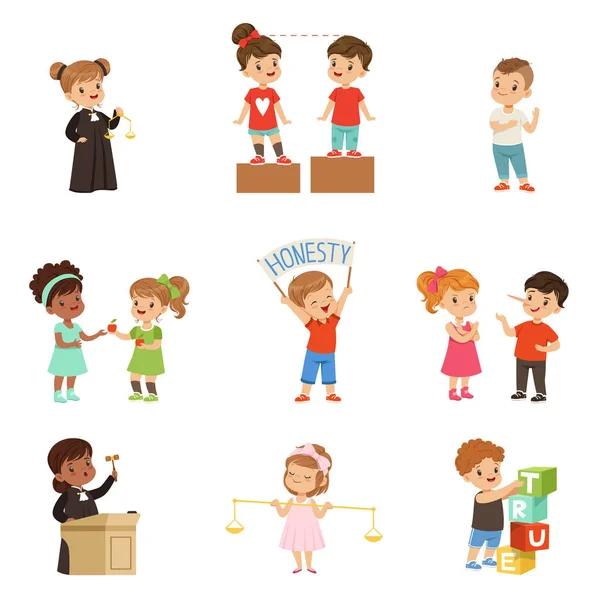 Kind and fair little children set, kids protecting friends, sharing with each other, carrying out justice vector Illustrations on a white background — Stock Vector