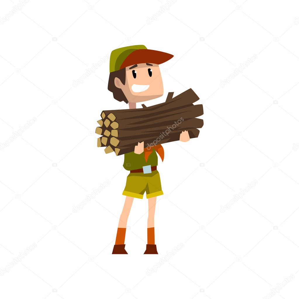 Boy carrying a bundle of firewood, boy scout character in uniform, outdoor adventures and survival activity in camping vector Illustration on a white background