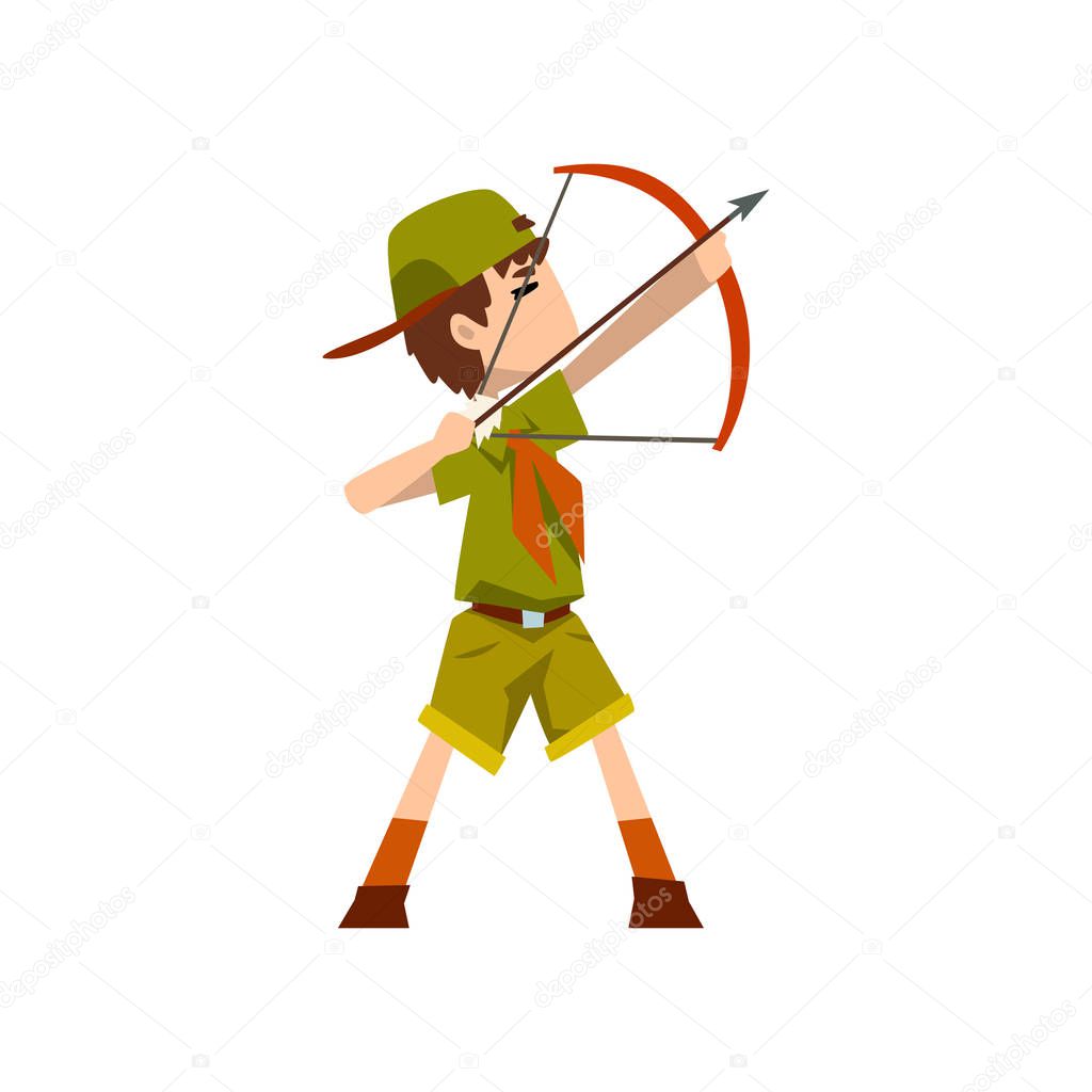 Boy scout character in uniform bow and an arrow, outdoor adventures and survival activity in camping vector Illustration on a white background