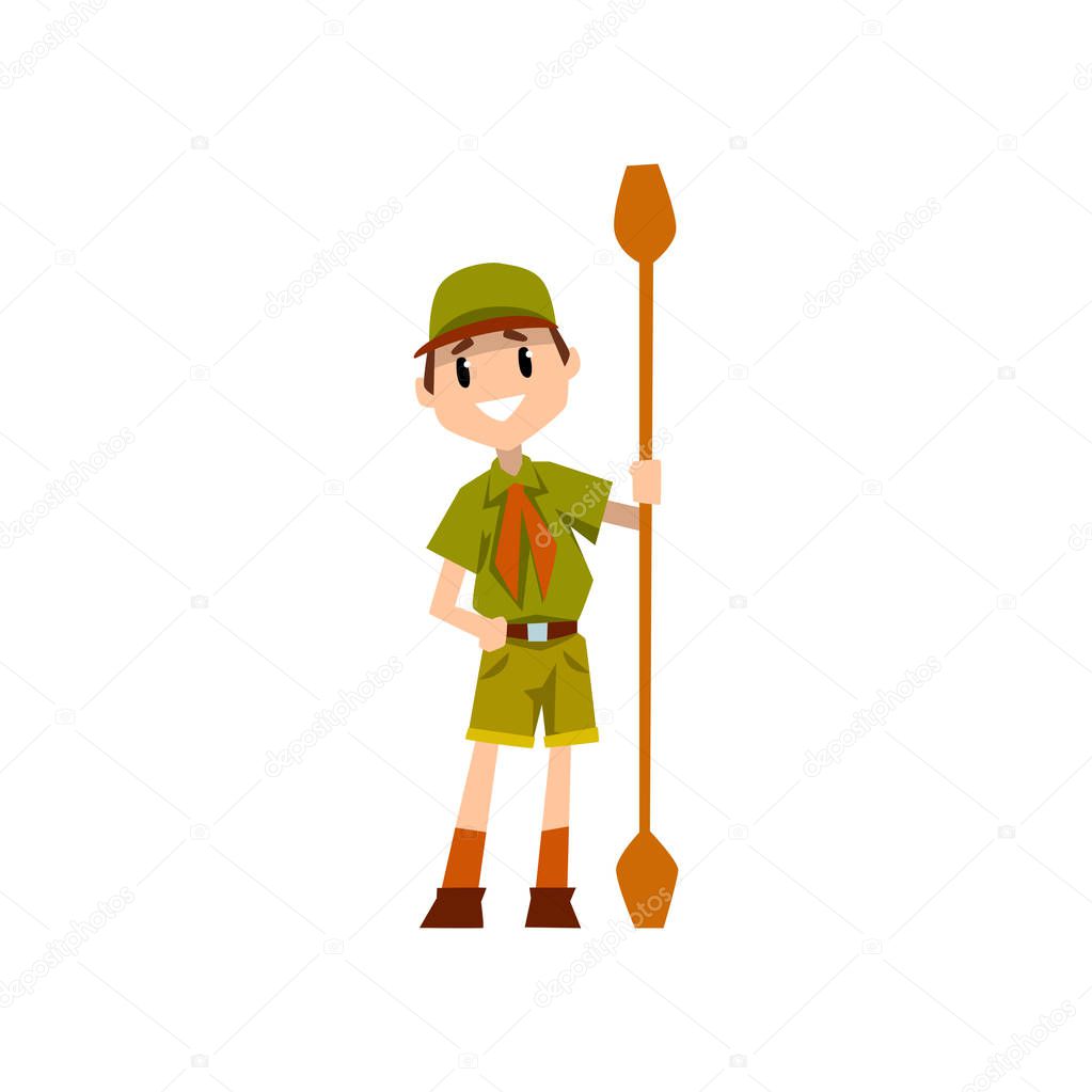Boy scout character in uniform holding paddle, outdoor adventures and survival activity in camping vector Illustration on a white background