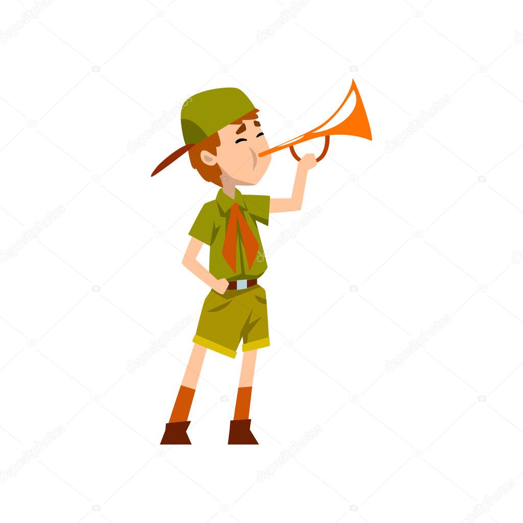 Boy scout character in green uniform playing trumpet vector Illustration on a white background