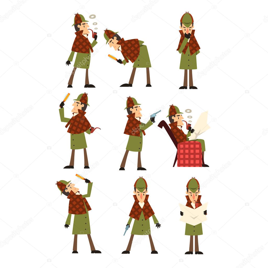 Flat vector icons of detective Sherlock in different actions thinking, reading newspaper, smoking pipe, looking into magnifying glass, holding gun