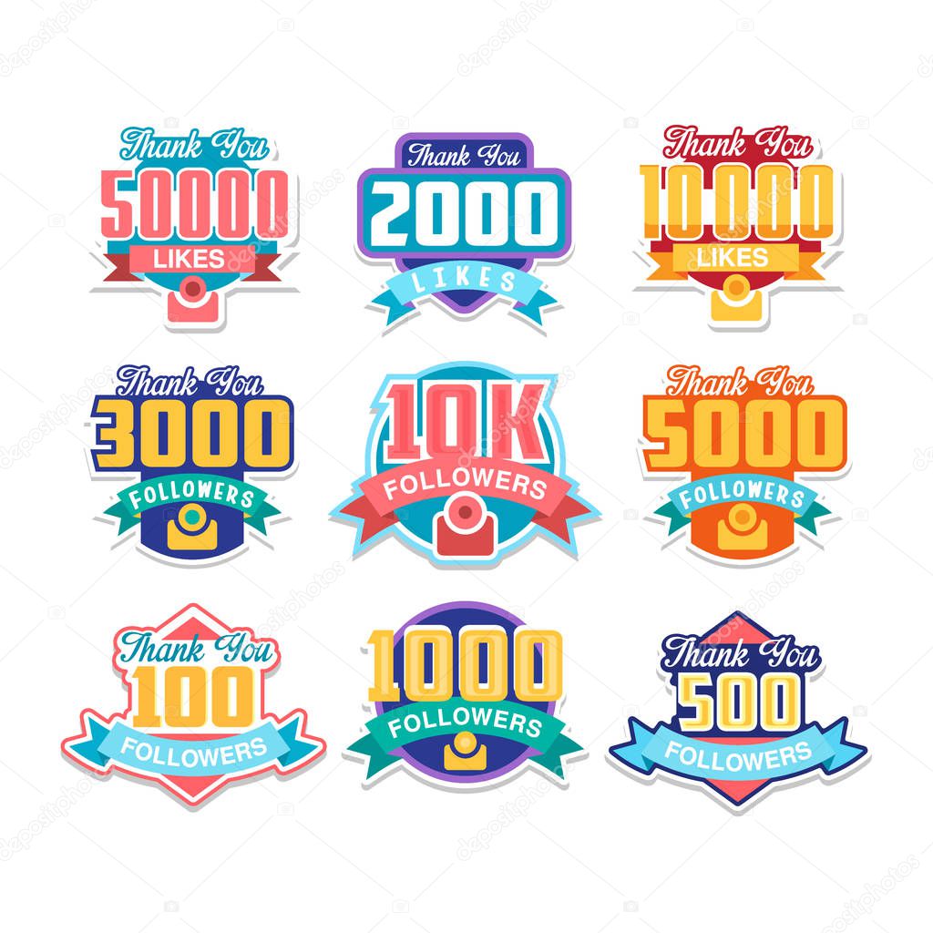 Thank you all for likes, celebration for social media friends, fans or subscribers, design element for social network vector Illustrations isolated on a white background.