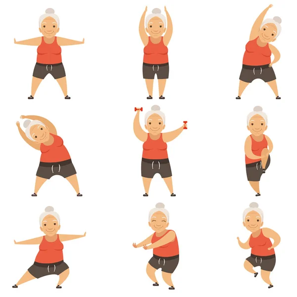 Mujer mayor haciendo ejercicios matutinos, estilo de vida activo y saludable de las personas jubiladas vector Ilustración sobre un fondo blanco — Vector de stock
