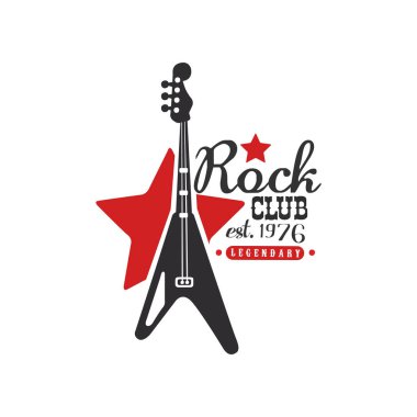 Rock kulübü logosu, efsanevi est. 1976, tasarım öğesi elektro gitar ile poster, afiş, el ilanı, yazdırma için kullanılabilir veya vektör çizim beyaz bir arka plan üzerinde pul