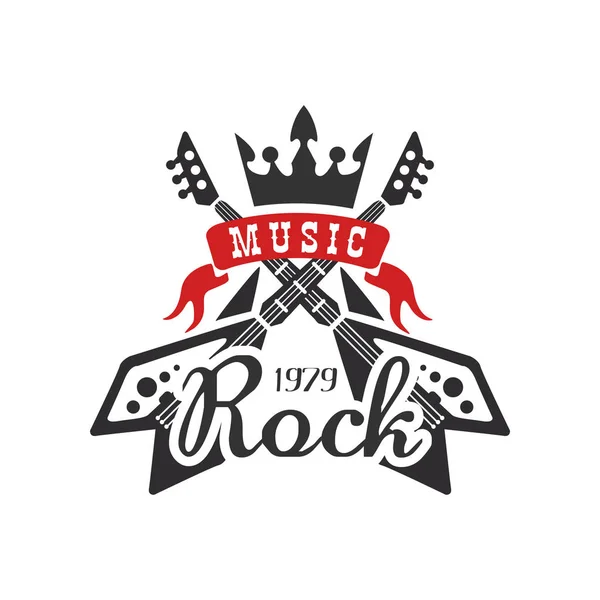 Musica rock est. 1979 logo, elemento di design con chitarre elettriche e corona può essere utilizzato per poster, banner, volantino, stampa o timbro vettore Illustrazione su sfondo bianco — Vettoriale Stock