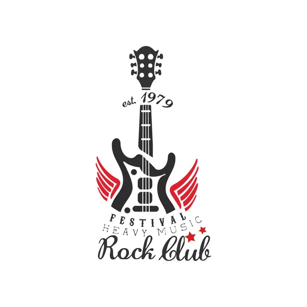Rock club logo, heavy music festival est. 1979, design element with electric guitar can be used for poster, banner, flyer, print or stamp vector Illustration on a white background — Stock Vector