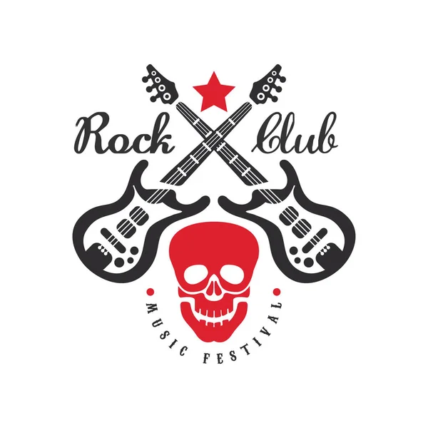 Rock club music festival logo, emblem for rock band, festival, guitar party or musical performance, design element with crossed electric guitars and skull vector Illustration — Stock Vector