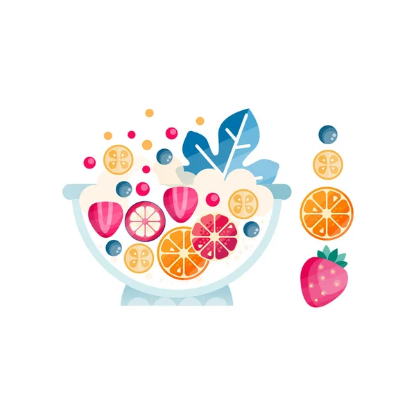 Cuenco con frutas maduras y bayas. Ensalada deliciosa y saludable a partir de ingredientes orgánicos. Icono abstracto de vector plano con textura — Vector de stock