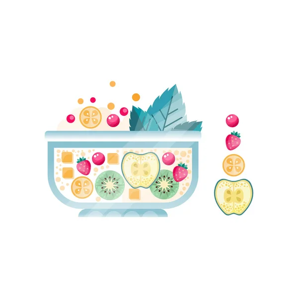 Ensalada de frutas frescas en tazón de vidrio. Plato dulce de manzana madura, fresa, kiwi, arándano y hojas de menta. Nutrición vegetariana. Diseño vectorial plano con textura — Vector de stock