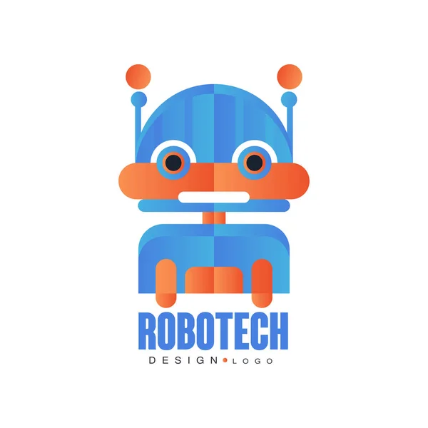 Robotech logo, badge met vriendelijke robot, ontwerpelement voor bedrijfsidentiteit, technologie of computer gerelateerde diensten vector illustratie op een witte achtergrond — Stockvector