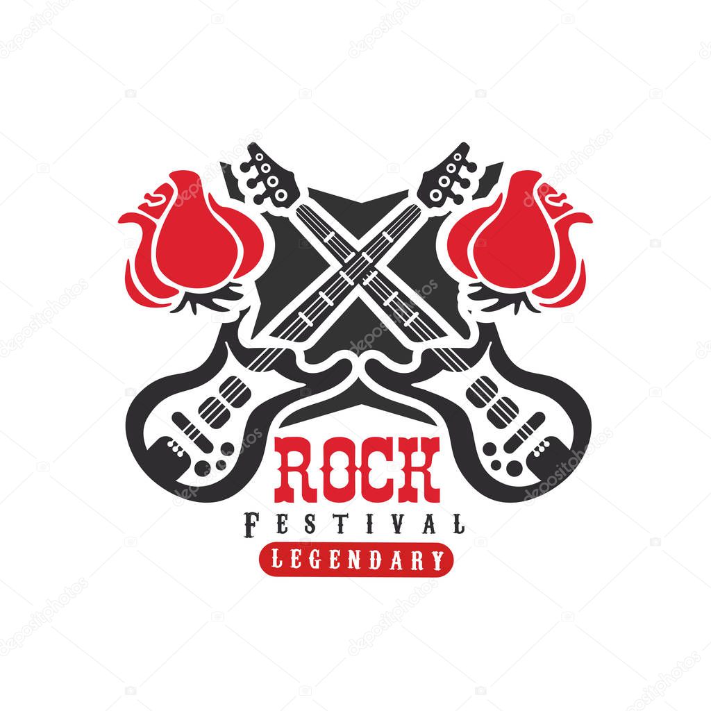 Rock festival logo, design element with electric guitars can be used for poster, banner, flyer, print or stamp vector Illustration on a white background