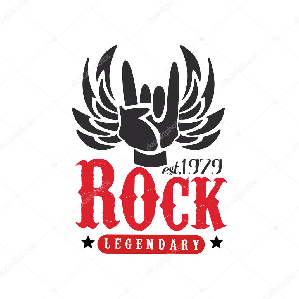 Rock legendary est. 1979 logo, design element with Rock and Roll hand gesture and wings can be used for poster, banner, flyer, print or stamp vector Illustration on a white background
