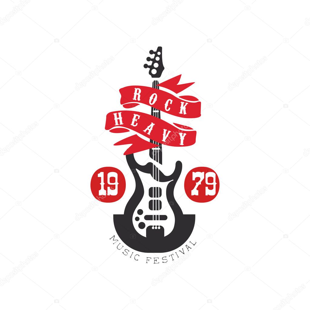 Heavy Rock music festival est. 1979 logo, design element with electric guitar can be used for poster, banner, flyer, print or stamp vector Illustration on a white background