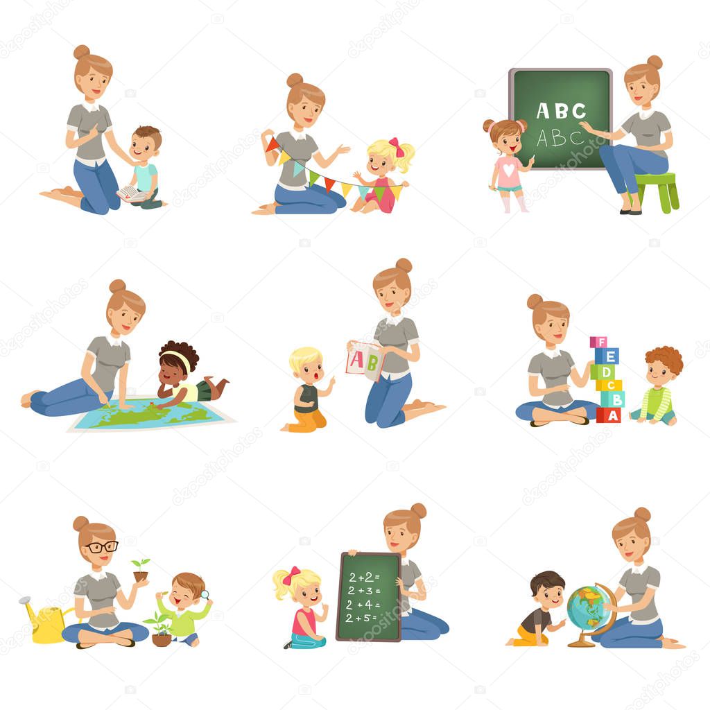 Cute little boys and girls playing and studying set, children study the alphabet, geography, biology, mathematics in kindergarten, pre primary school education concept vector Illustrations