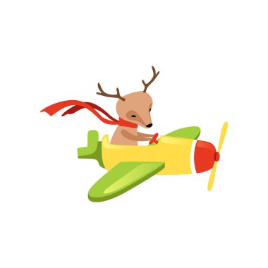 Eşarp boyun küçük uçakta uçan ile kahverengi geyik. Çizgi film karakteri komik uçak pilotu. Çocuk kitabı veya kartpostal için düz vektör tasarımı