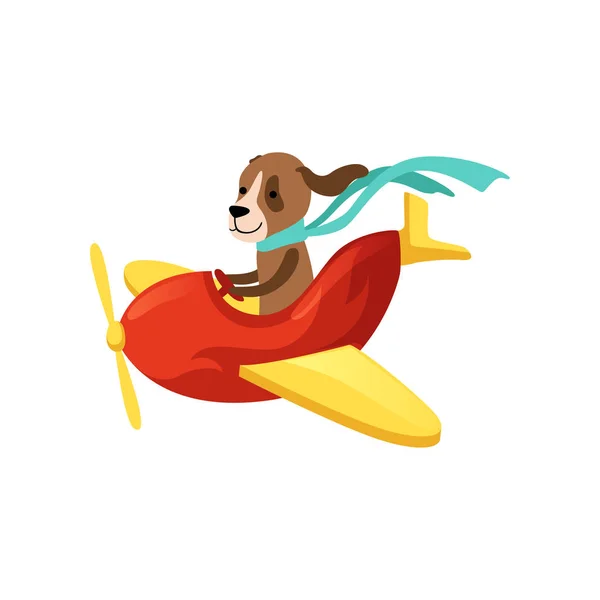 彩色插图的狗飞行在红色的飞机与黄色的翅膀和螺旋桨 国内动物的卡通人物颈部围巾 明信片或儿童房间装饰平面矢量设计 — 图库矢量图片