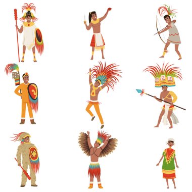 Aztek savaşçıları seti, erkekler geleneksel giysiler ve şapkalar ile silah illüstrasyonlar beyaz bir arka plan üzerinde vektör