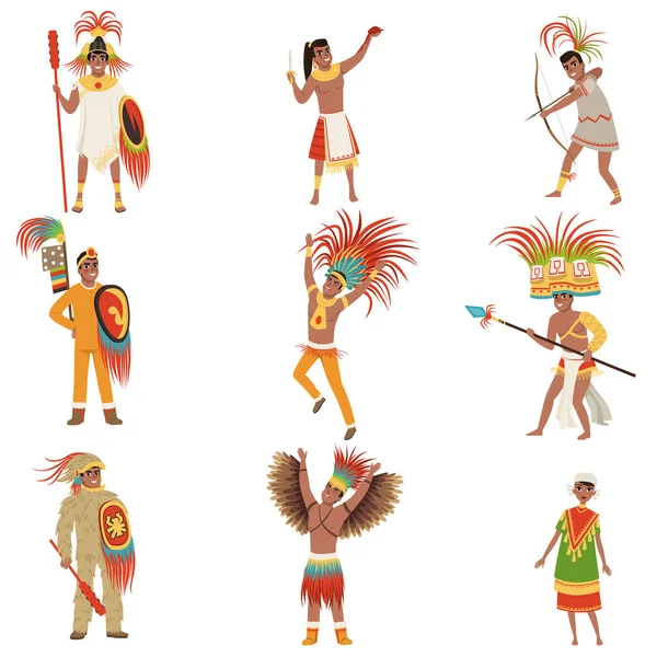 Conjunto de guerreros aztecas, hombres con ropa tradicional y sombreros con vector de armas Ilustraciones sobre fondo blanco — Archivo Imágenes Vectoriales