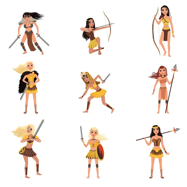 Conjunto de chicas Amazon, mujeres guerreras con lanzas, espadas y arcos vector Ilustraciones sobre un fondo blanco — Archivo Imágenes Vectoriales