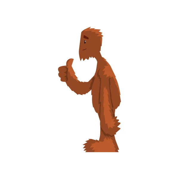 Αστεία κατοικίδια bigfoot δείχνει αντίχειρες, μυθικό πλάσμα καρτούν χαρακτήρα διανυσματικά εικονογράφηση σε λευκό φόντο — Διανυσματικό Αρχείο