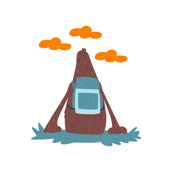 Pie Grande sentado en el suelo con la mochila y mirando al cielo, criatura mítica personaje de dibujos animados vector Ilustración sobre un fondo blanco — Vector de stock