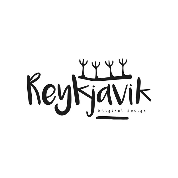 Nome da cidade de Reykjavik, projeto original, inscrição escrita à mão da tinta preta, projeto da tipografia para o cartaz, cartão, logotipo, cartaz, bandeira, vetor da etiqueta Ilustração — Vetor de Stock