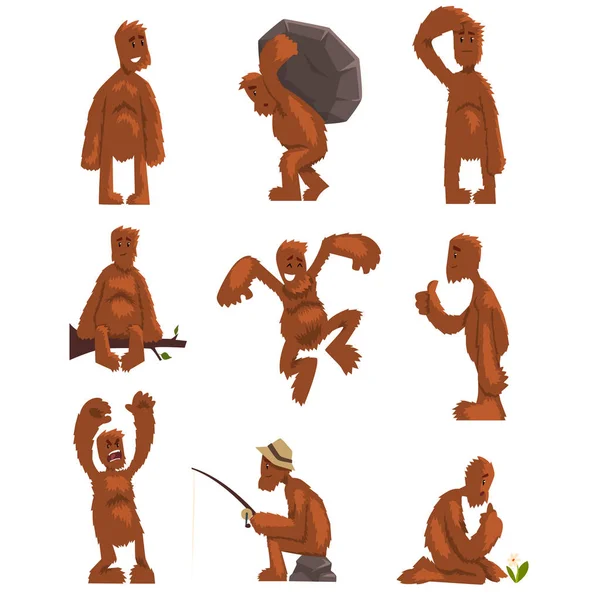 Grappige bigfoot stripfiguur ingesteld, mythische wezen in verschillende situaties vector illustraties op een witte achtergrond — Stockvector