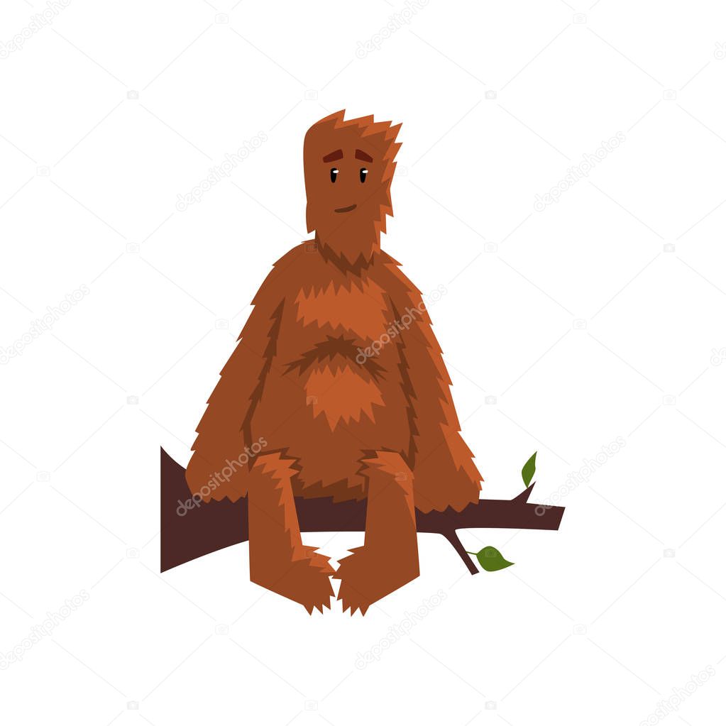 Funny friendly bigfoot sitting on tree branch, mythical creature cartoon character vector Illustration on a white background