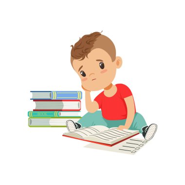 Büyük bir yığın kitap ile katta oturan üzgün yorgun çocuk üzerinde beyaz bir arka plan illüstrasyon vektör