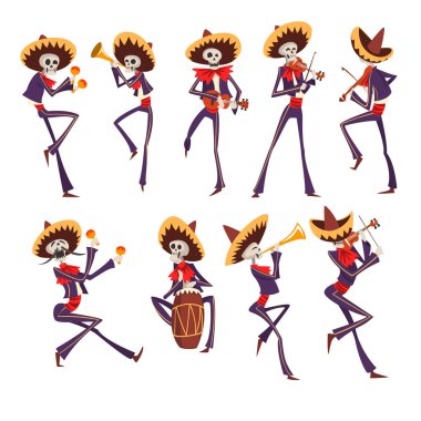 İskelet dans, keman, trompet, davul çalan Meksika Ulusal kostümleri, Dia de Muertos, ölülerin günü illüstrasyonlar beyaz bir arka plan üzerinde vektör